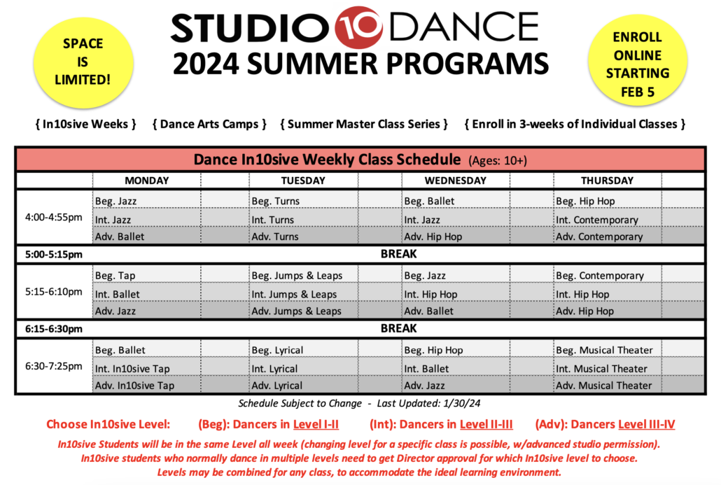 Studio 10 Dance Summer Schedule as of June 12 2024